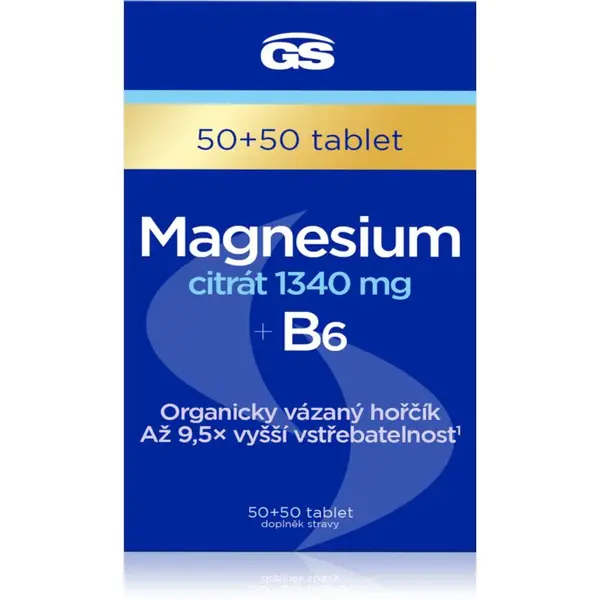 GS Magnesium Citrát + B6 tablety na podporu zníženia únavy a vyčerpania, pre normálny stav zubov, kostí a svalov 100 tbl