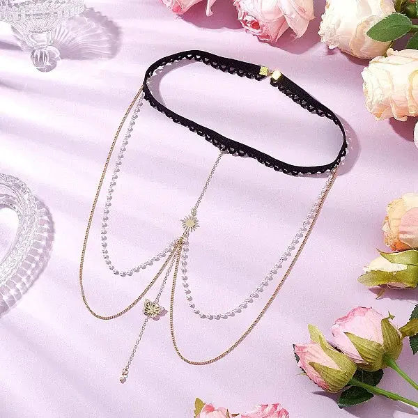 Brass Clear Cubic Zirconia Layered Sun Butterfly Tassel Thigh Leg Chains