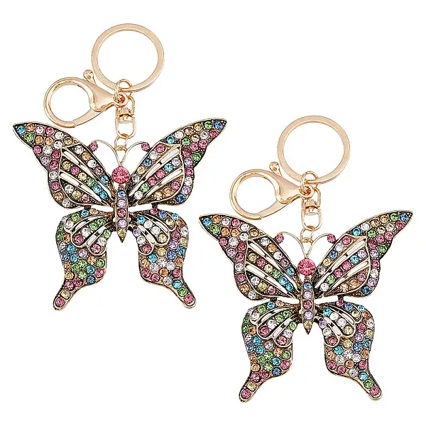 2Pcs Colorful Rhinestones Hollow Butterfly Alloy Pendant Keychain