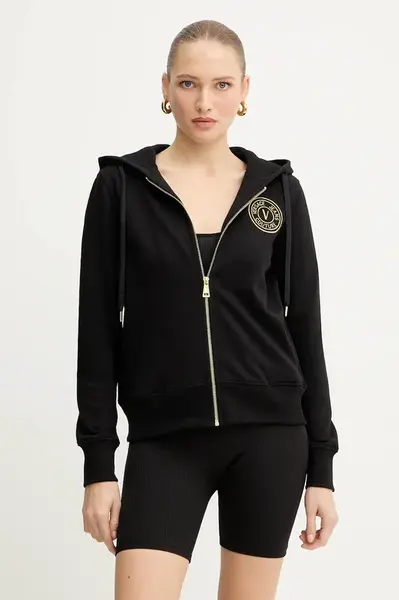 Bavlněná mikina Versace Jeans Couture dámská, černá barva, s kapucí, hladká, 79HAIT00 CF01T