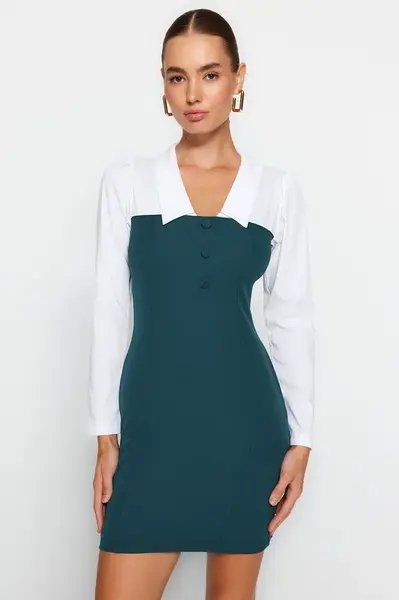 Trendyol Oil Body Wrap Košilový límec Mini tkané šaty