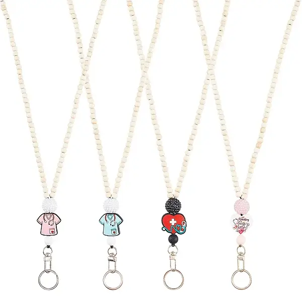 4Pcs Wood & Silicone Retractable Badge Reel with Chains