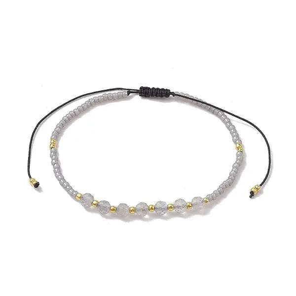 Adjustable Natural Labradorite & Seed Braided Bead Bracelets