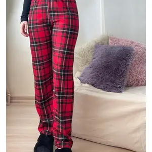17947 Dewberry Plaid Checkered Cotton Velvet Pyjama Bottoms-RED-BLACK