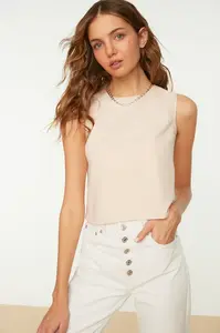 Trendyol Pink Crop Woven Sleeveless Linen Look Blouse