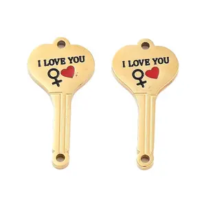 Ion Plating(IP) 304 Stainless Steel Black & FireBrick Enamel Female I Love You Key Connector Charms