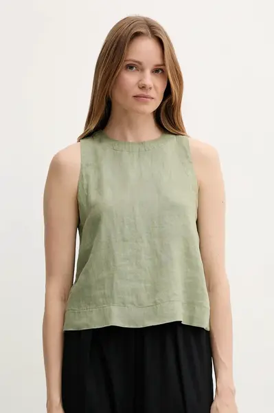 Lněná halenka United Colors of Benetton dámská, zelená barva, hladká, 5BMLDQ0BU