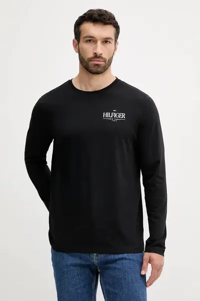 Bavlněné tričko s dlouhým rukávem Tommy Hilfiger černá barva, s potiskem, MW0MW41293