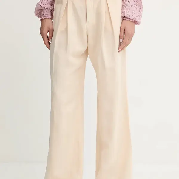 Kalhoty s příměsí lnu Guess SHAYE dámské, béžová barva, high waist, W5GA2G WG8N0