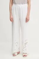 Lněné kalhoty Tommy Hilfiger dámské, béžová barva, high waist, WW0WW44782