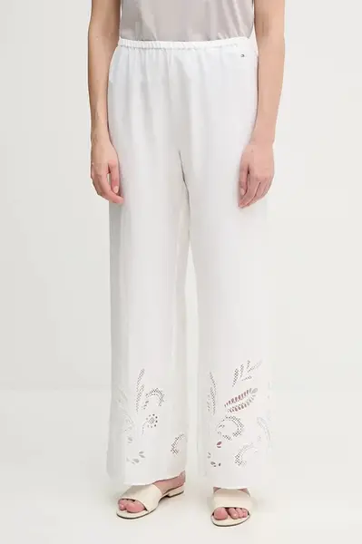 Lněné kalhoty Tommy Hilfiger dámské, béžová barva, high waist, WW0WW44782