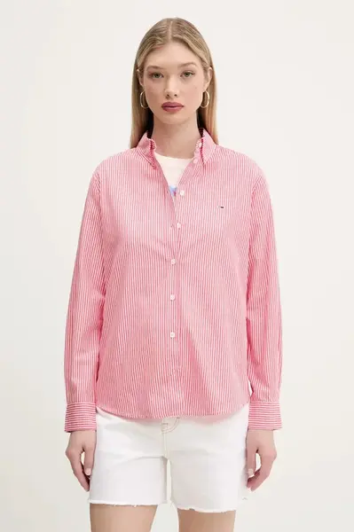 Bavlněná košile Tommy Jeans dámská, růžová barva, relaxed, s klasickým límcem, DW0DW20290