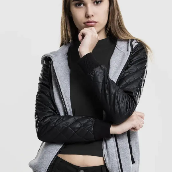 Dámský diamantový rukáv s kapucí na zip ze syntetické kůže šedá/blk