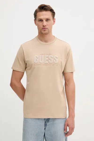 Bavlněné tričko Guess pánské, béžová barva, s potiskem, M5YI44 KBW41