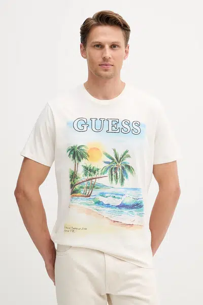 Bavlněné tričko Guess pánské, béžová barva, M5YI38 KBW41
