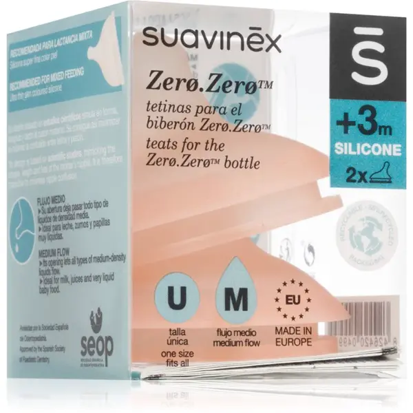 Suavinex Zero Zero Bottle Teat cumlík na fľašu M Medium Flow 3 m+ 2 ks