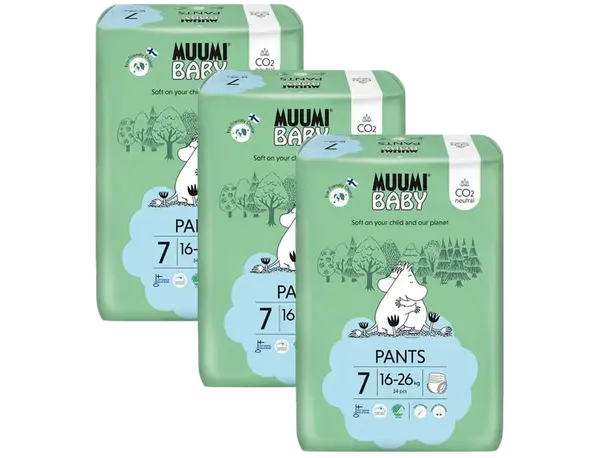 MUUMI BABY Pants 7 XL 16-26 kg, mesačné balenie nohavičkových eko plienok, 102 ks