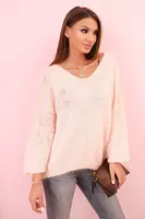 Kesi Włoski Dámsky sveter z mohairu s voľným strihom a výstrihom do V ružová pudrová