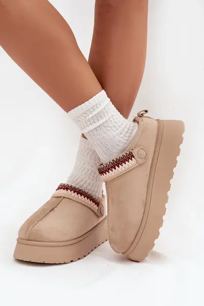 Boto Dámské sněhule nízké s pohyblivým páskem a výšivkou na platformě světle béžové Lyrisse