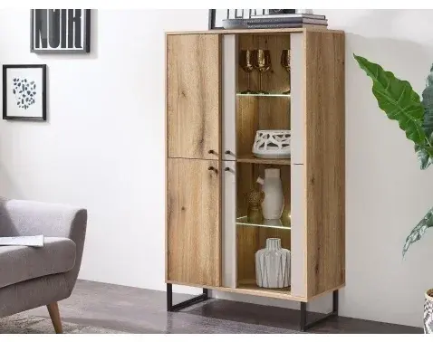 Vitrínová skrinka Cube, dub evoke / pieskovo šedá, s osvetlením%