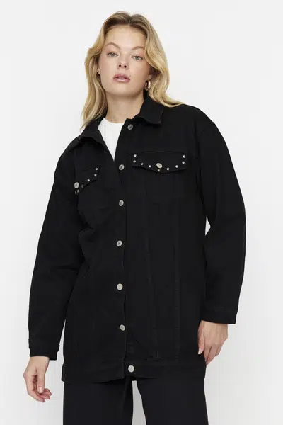 Trendyol Black Staple detailná oversized džínsová bunda