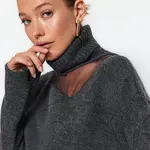 Trendyol Anthracite Soft Textured Tulle Detailed Knitwear Sweater
