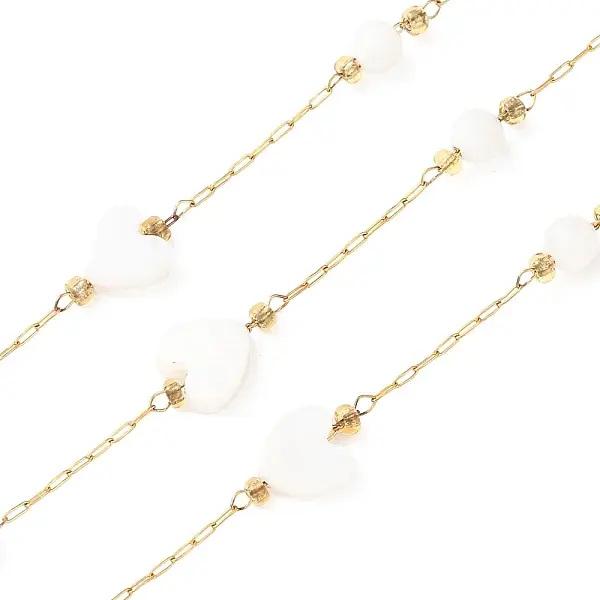 304 Stainless Steel & Natural Shell Heart & Round Bead Cable Chains