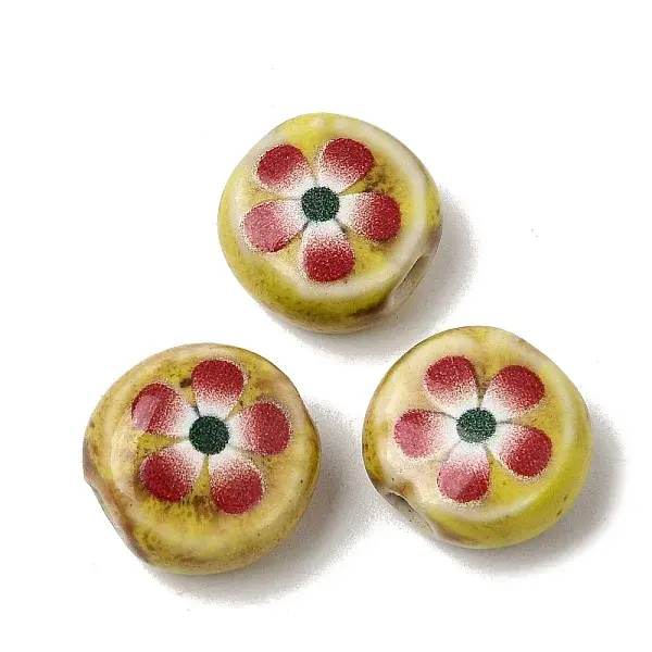Flat Round Handmade Floral Porcelain Beads
