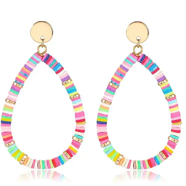 Textured Teardrop Alloy Polymer Clay Disc Beads Dangle Stud Earrings
