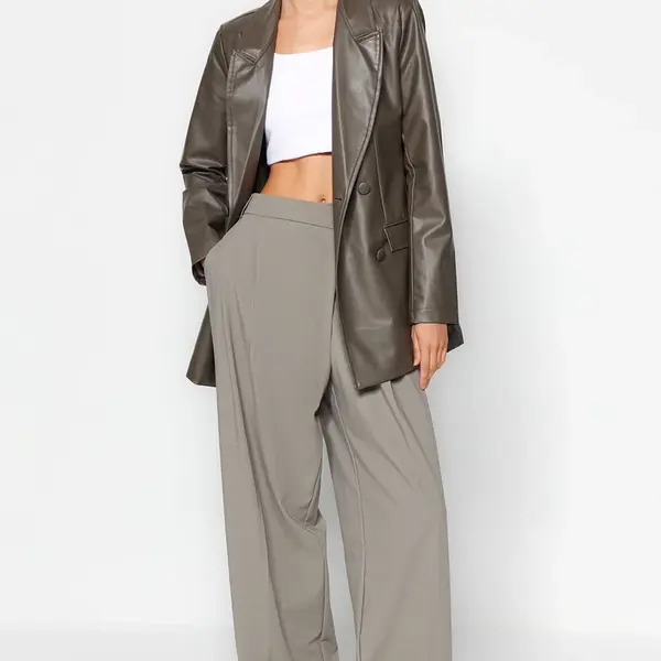 Trendyol Antracit imitácia kože Regular Lined Double Breasted Closed Tkaný Blejzer Bunda
