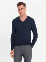 Ombre Men's elegant BASIC V-neck sweater with viscose - navy blue