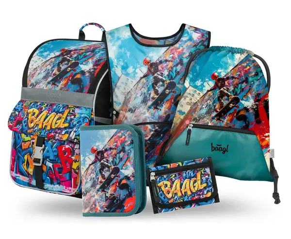 Baagl SET 5 Zippy Skatepark: aktovka, penál, sáček, zástěra, peněženka
