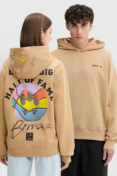 Bavlněná mikina Barrow béžová barva, s kapucí, s potiskem, F5BWUAHS126