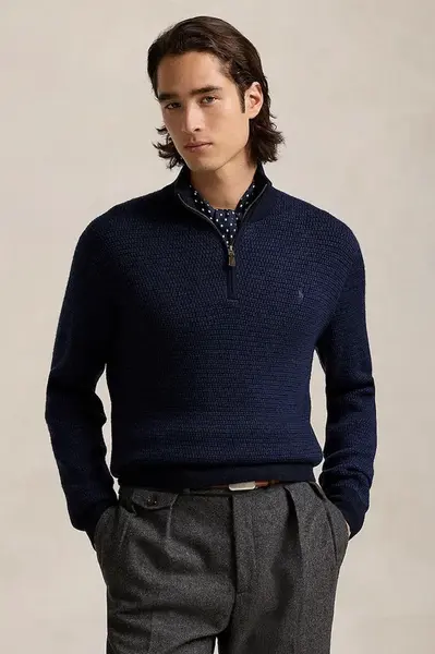 Vlněný svetr Polo Ralph Lauren pánský, tmavomodrá barva, s pologolfem, 710948865