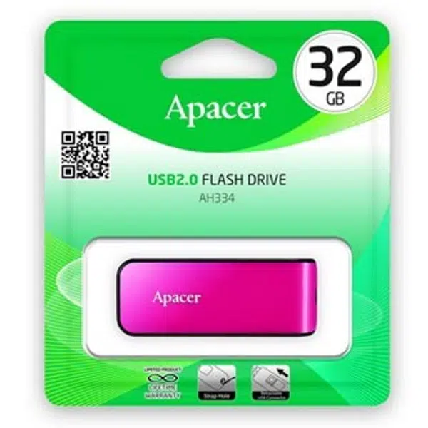 Apacer USB flash disk, USB 2.0, 32GB, AH334, růžový, AP32GAH334P-1, USB A, s výsuvným konektorem