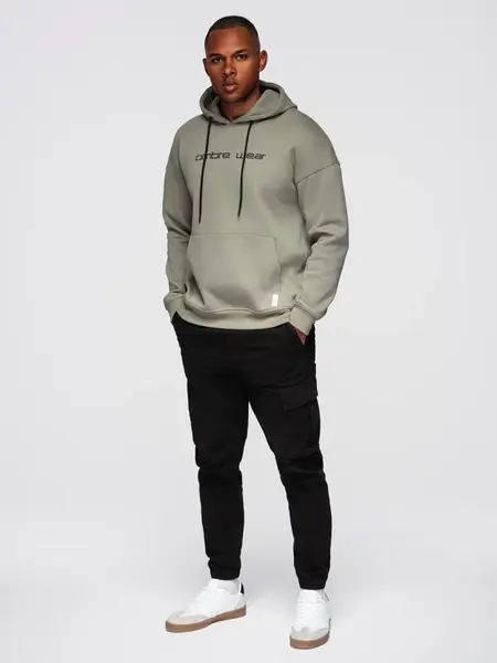 Ombre Men's kangaroo sweatshirt with embroidery and hood - khaki
