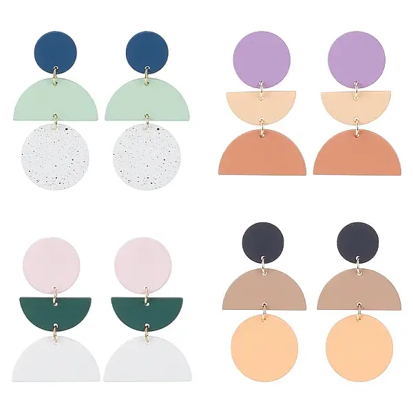 4 Pairs 4 Style Polymer Clay Dangle Stud Earrings with 316 Surgical Stainless Steel Pins