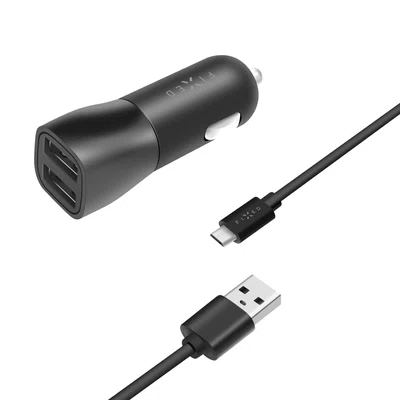 Set autonabíječka FIXED s 2x USB výstupem a USB/micro USB kabel, 1m, 15W Smart Rapid Charge, černá