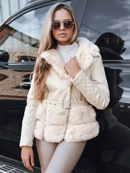 Dámska krémová kožená bunda s kožušinou