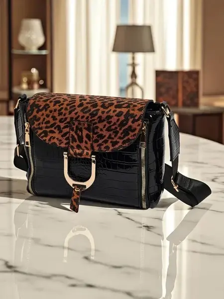 Resti Athena Nero - stylish women's patent handbag with panther