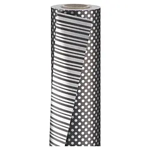 Oboustranný dárkový balicí papír, šířka 70cm, délka 50m, černý, motiv pruhy/tečky