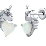 Silvego Stříbrné náušnice pecky jednorožec Esma s bílým opálem ve tvaru srdce DCC22008EOW