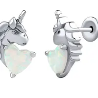 Silvego Stříbrné náušnice pecky jednorožec Esma s bílým opálem ve tvaru srdce DCC22008EOW