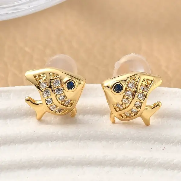 Brass Micro Pave Cubic Zirconia Fish Stud Earrings