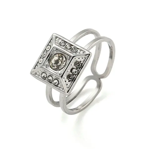 304 Stainless Steel Rhinestone Square Finger Rings for Women Men