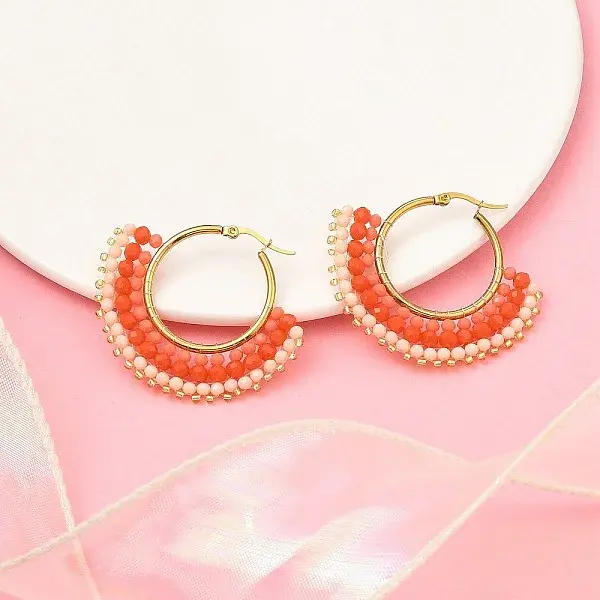 304 Stainless Steel & Bohemian Beaded Fan Hoop Earrings for Women