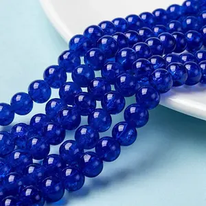 Spray Painted Blue Crackle Glass Round Beads Strands