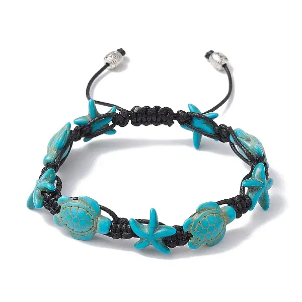 Synthetic Turquoise Starfish & Turtle Braided Bead Bracelet