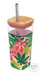 Sklenený cestovný hrnček so slamkou Liquid Cube Pink Jungle Flora 540 ml