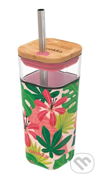 Sklenený cestovný hrnček so slamkou Liquid Cube Pink Jungle Flora 540 ml